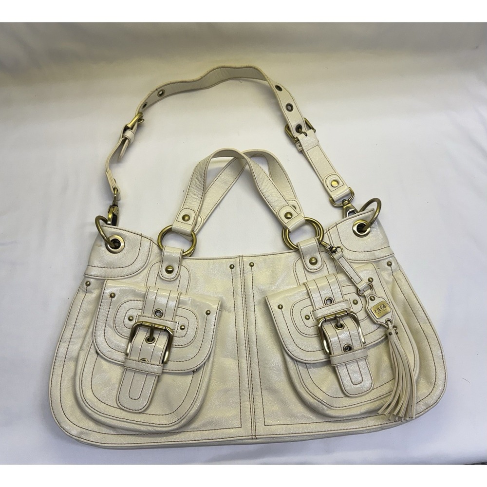Rafé New York White Patent Leather Handbag Purse Gold Buckle & Studs
